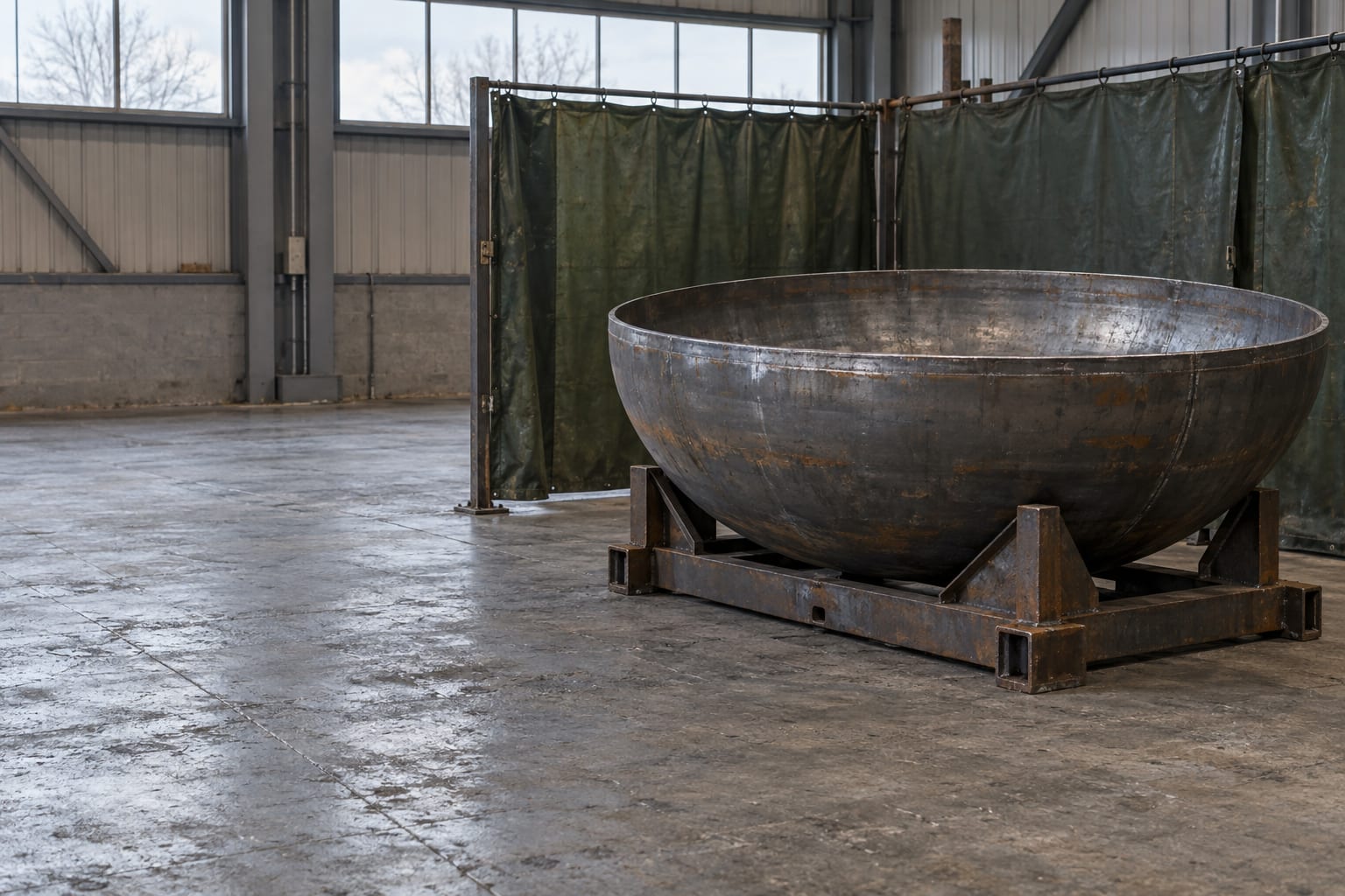 An unfinished steel pressure-vessel head rests on a cradle inside an anonymous welding bay.