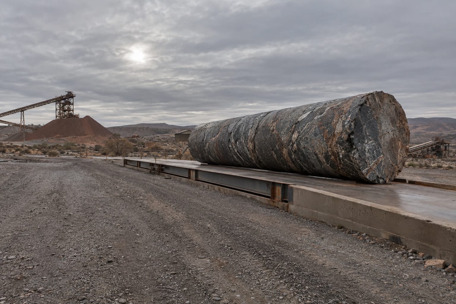 A giant drill-core cylinder rests on a truck weighbridge beneath a cloudy sky.