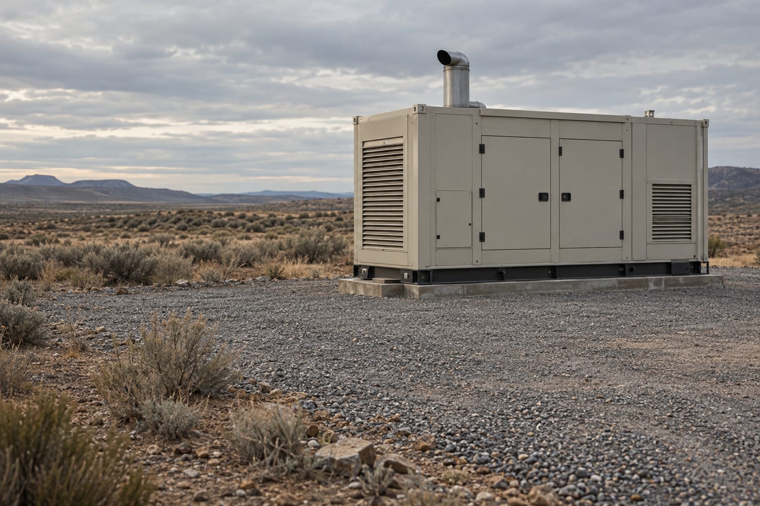 A containerized gas generator stands on a gravel equipment pad at the edge of dry scrubland.