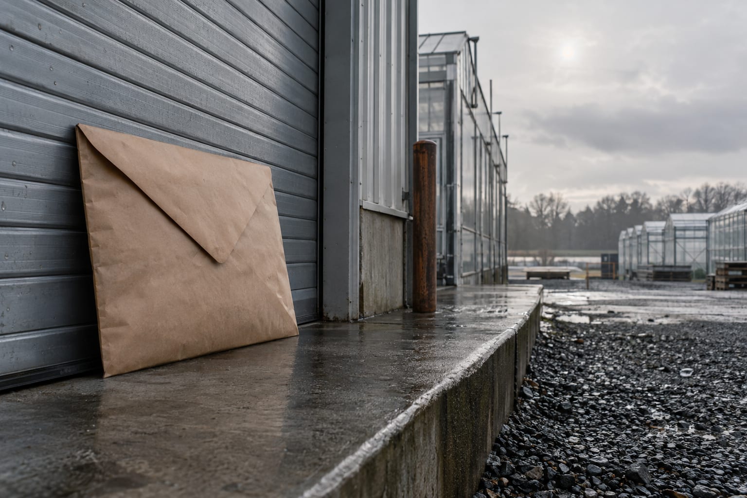 An oversized sealed blank envelope stands beside an anonymous greenhouse loading dock under an overcast sky.