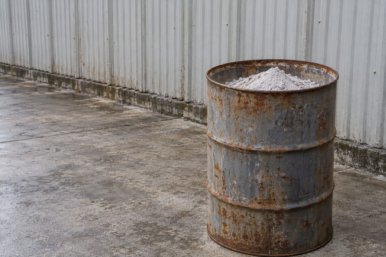 An open steel drum of pale mineral powder stands on the outdoor concrete apron of an anonymous refinery.