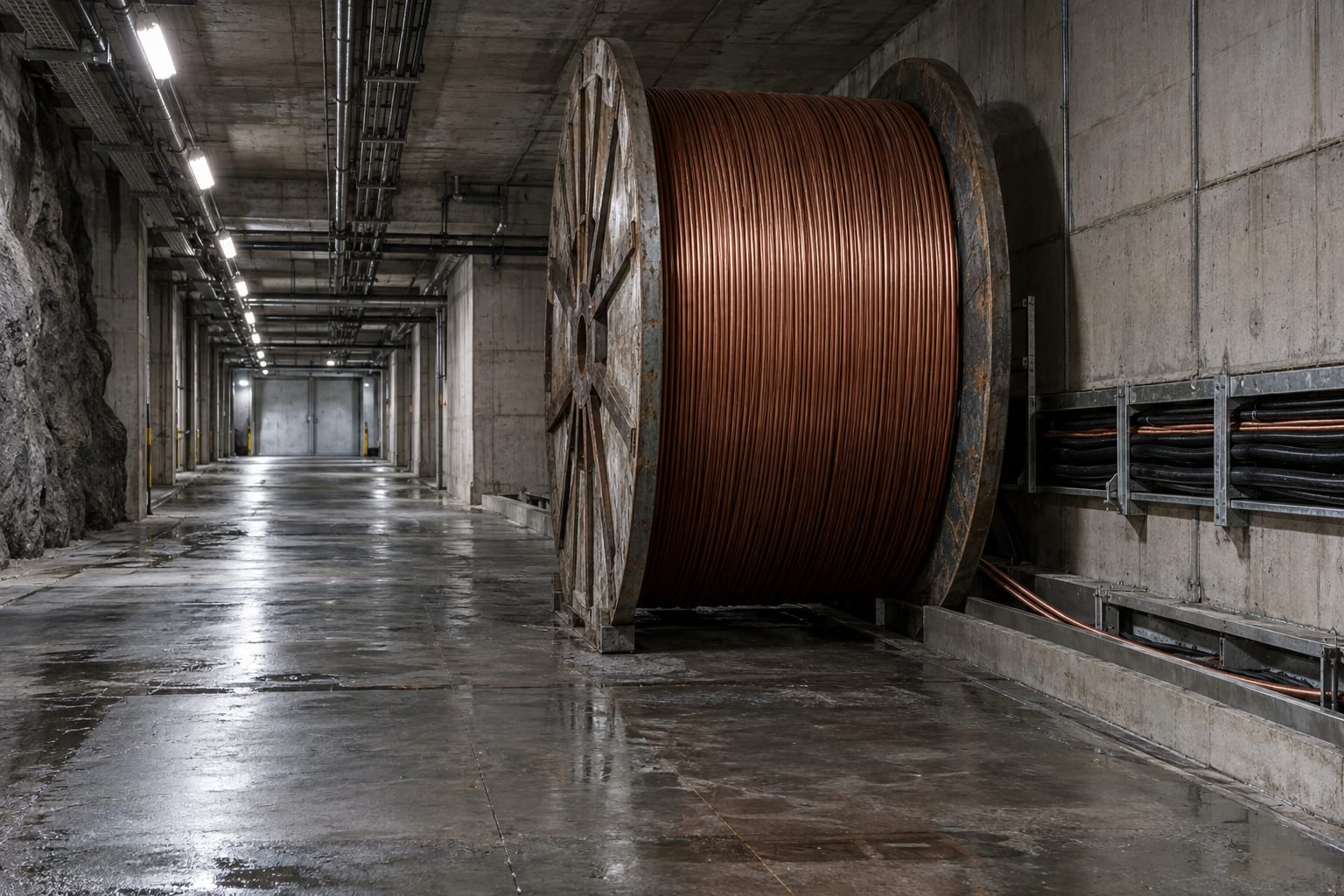 An oversized fibre spool stands beside cable ducts in an anonymous concrete service tunnel.