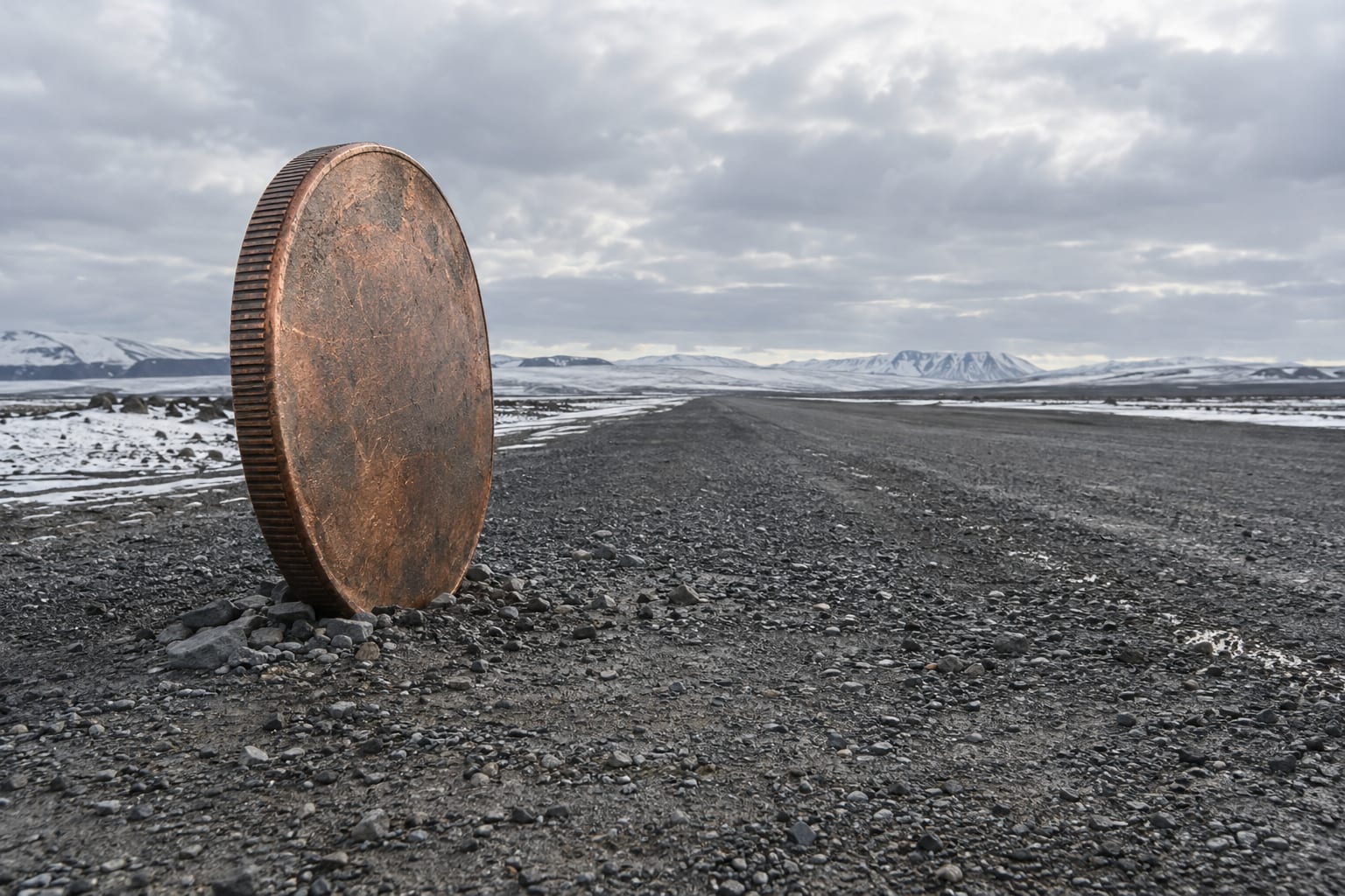 An oversized worn copper coin stands on a deserted gravel airstrip under an overcast sky.
