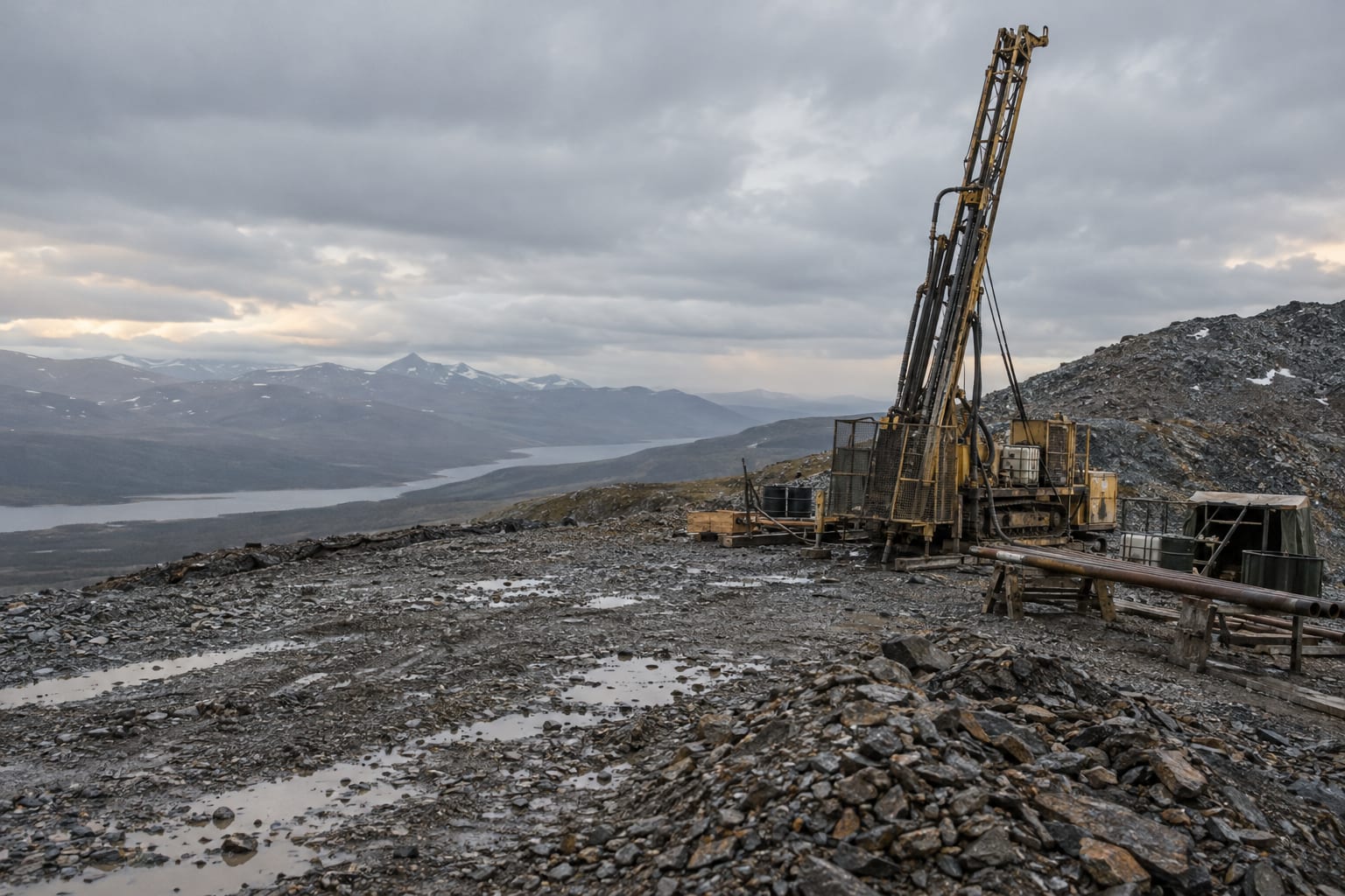 A diamond drill rig stands on a rocky hillside beneath an overcast sky.