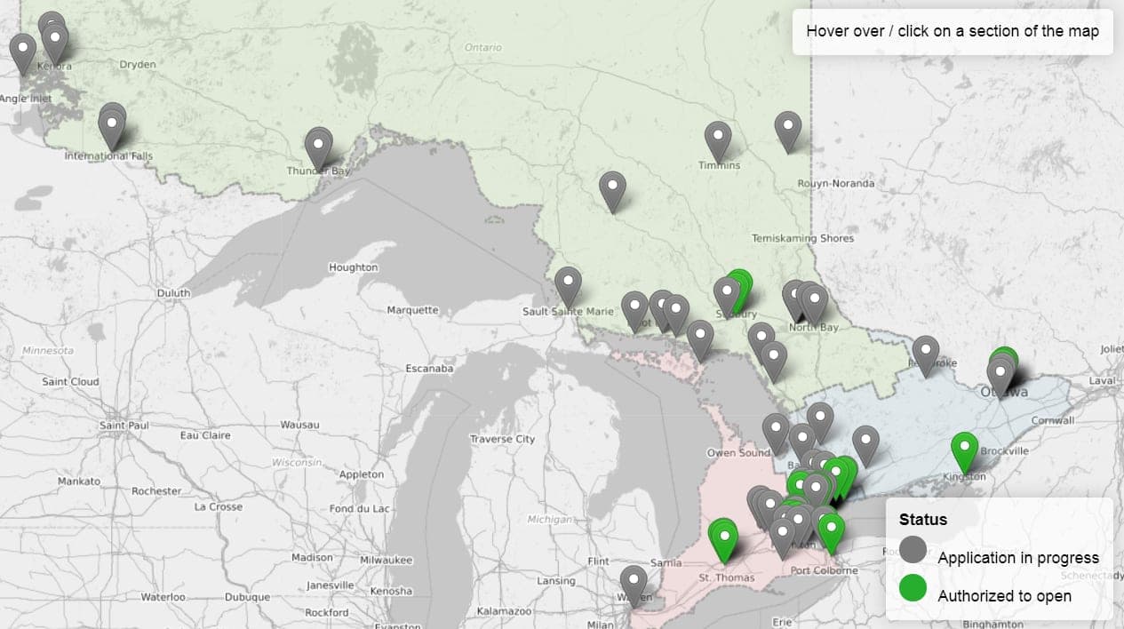 map of Ontario cannabis retail store applications