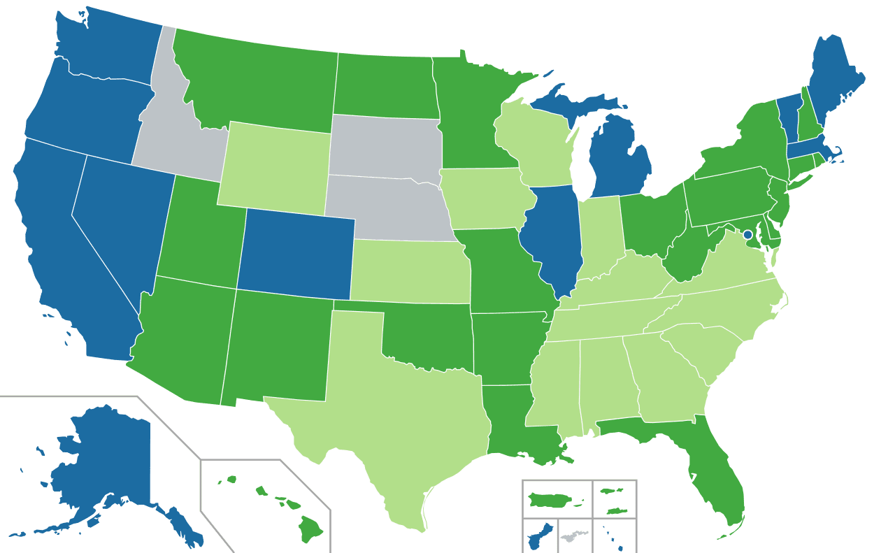 US map of legal medical and recreational use by state