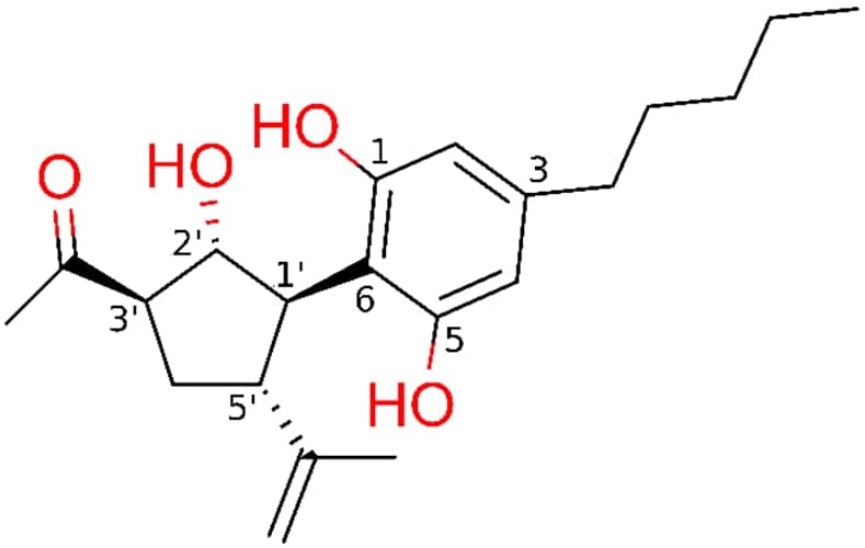 Chemical structure of cannabimovone CBM with functional groups coloured in red