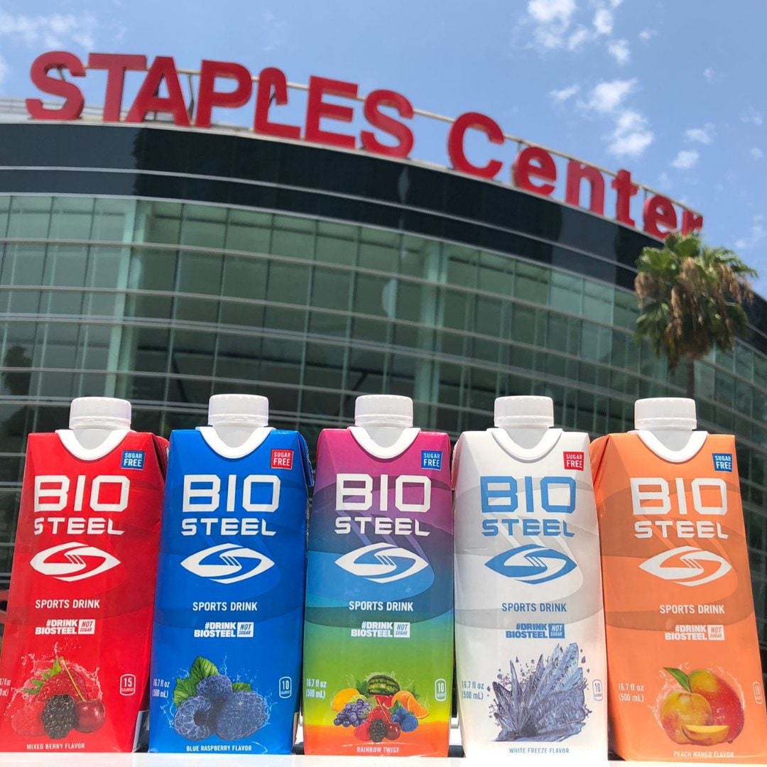 Selection of BioSteel bottles outside the Staples Centre