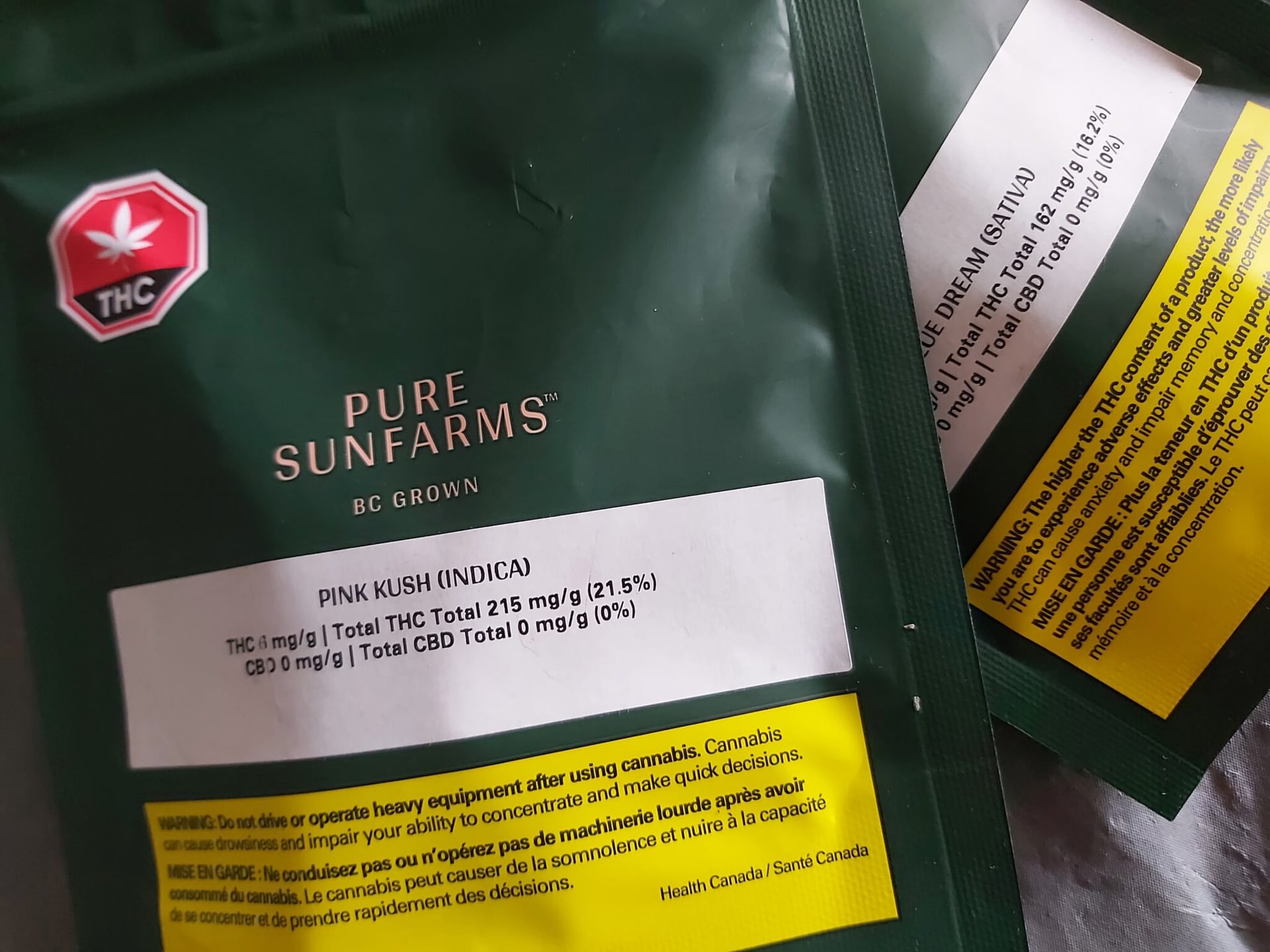 Pure Sunfarms mylar bags of Pink Kush and Blue Dream