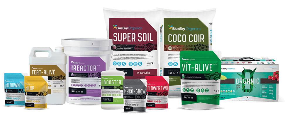 Assortment of BlueSky Organics soil and nutrient products