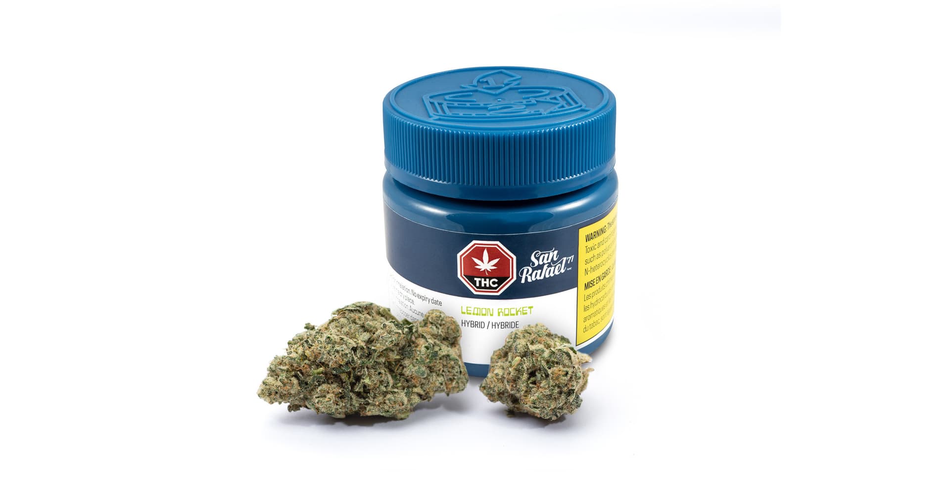 Aurora's San Rafael 71 container with two weed buds