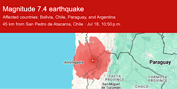 Major earthquake rocks Chilean mines near north Argentine border