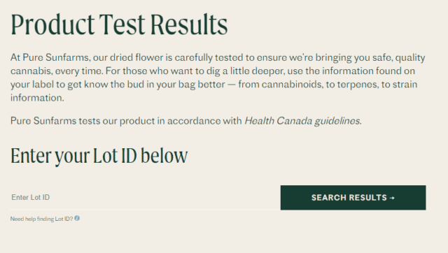 Screenshot of the test results function on Pure Sunfarms' website