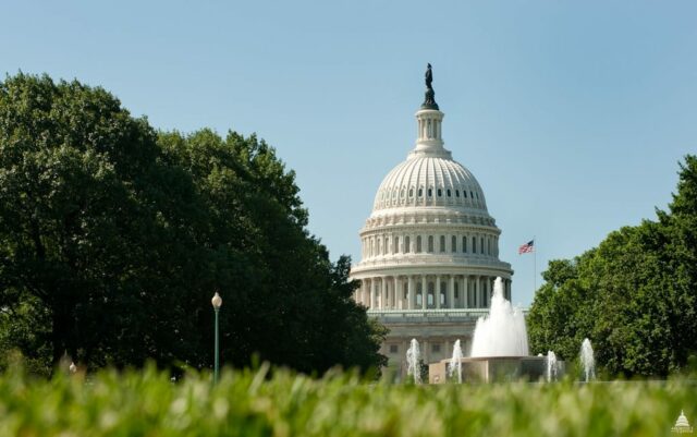 U.S. Capitol and Senate fountain from a distance